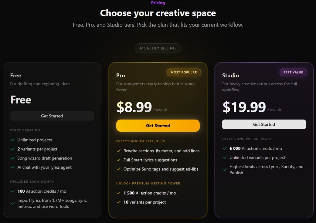 The pricing page showing the comparison between plans