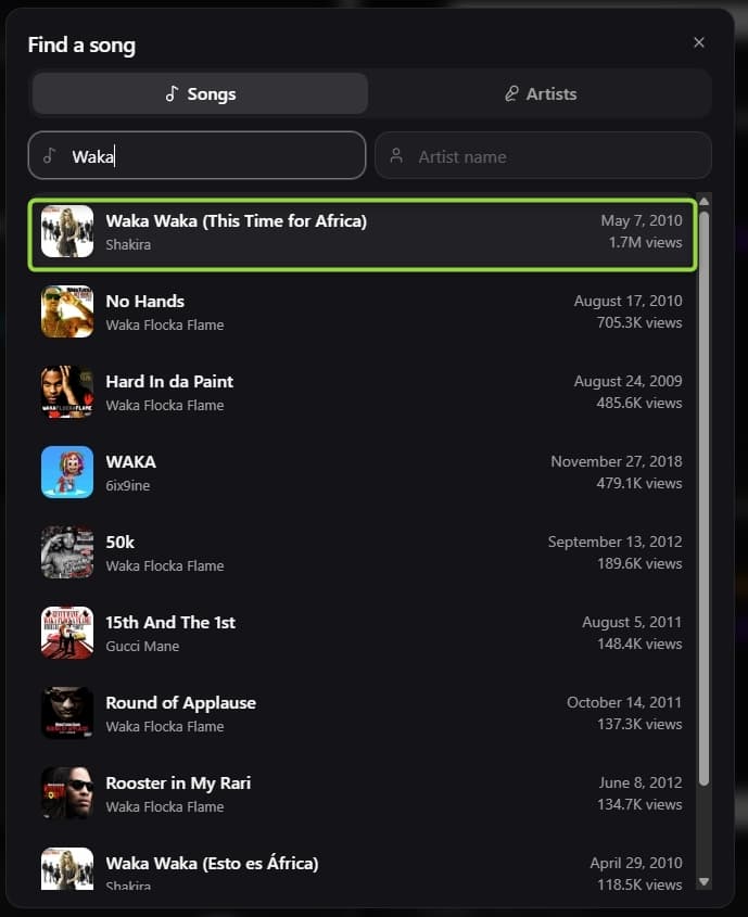 The search-and-import modal showing the 'Songs' and 'Artists' tabs