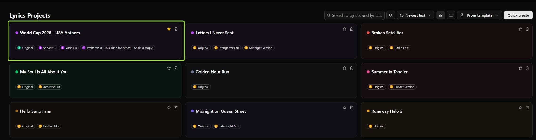 The star icon allows you to pin projects to the top of your list