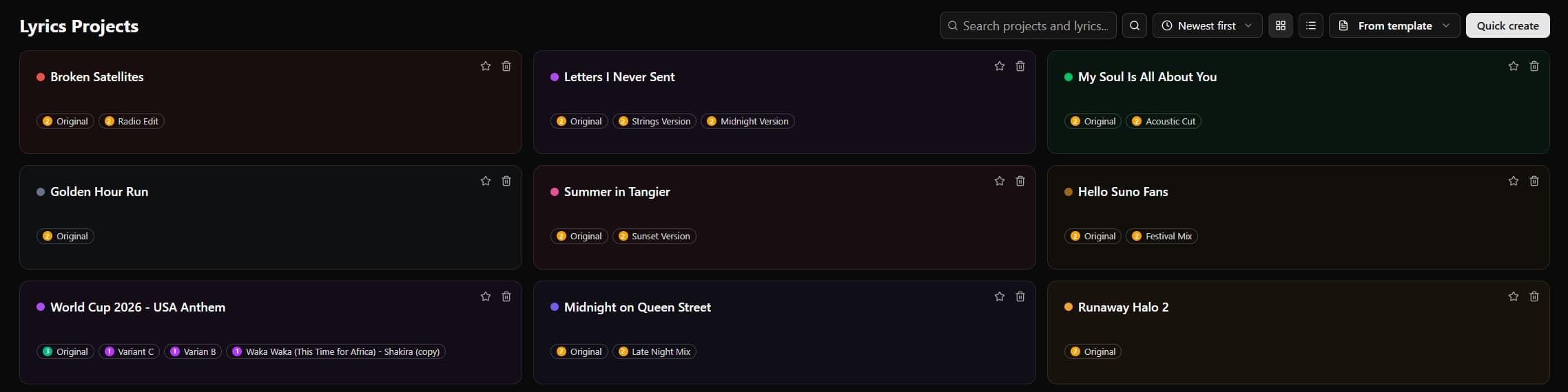 Project cards with different color tints in the project list grid