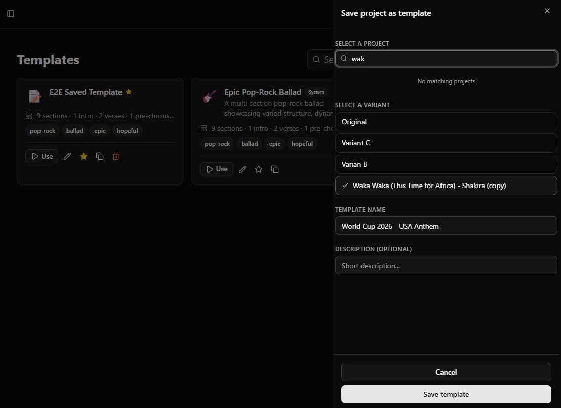 The 'Save from project' sheet allows you to name and describe your new template