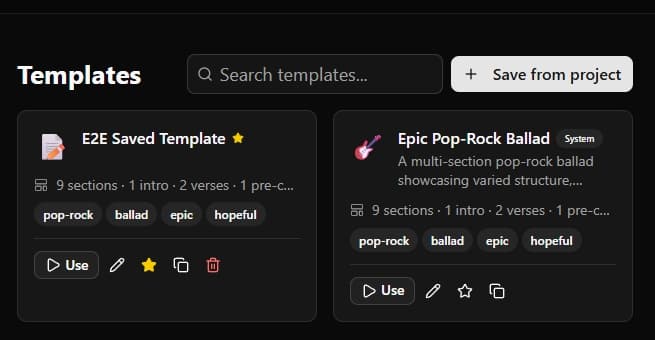 The template gallery shows a grid of available song structures