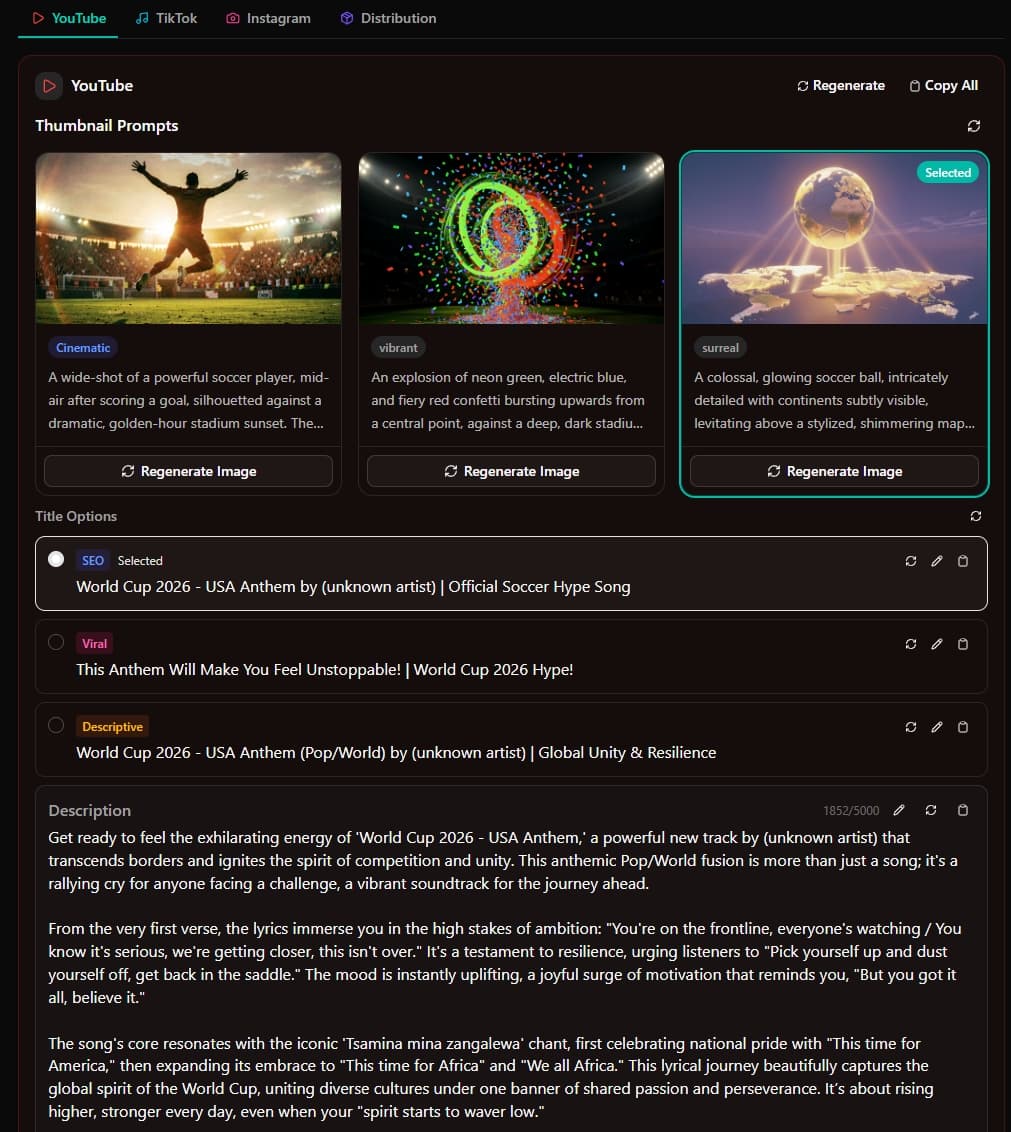 A platform content card showing generated TikTok scripts and hashtags