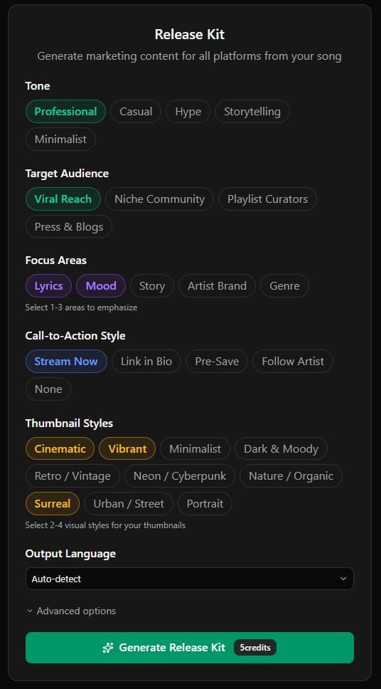 The Release Kit setup card with Tone and Audience selectors
