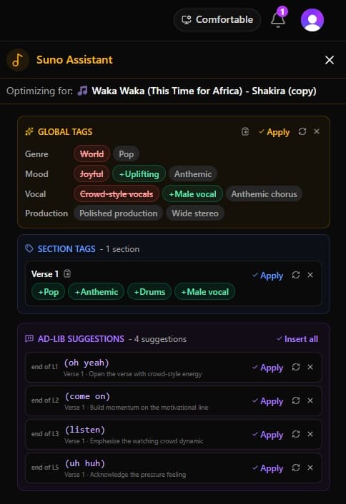The Suno Assistant panel with optimization suggestions and tag chips