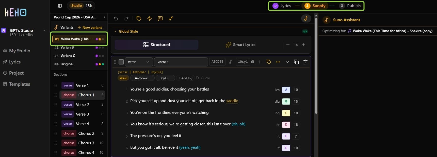 The variant sidebar showing multiple variants with their 3-dot progress indicators