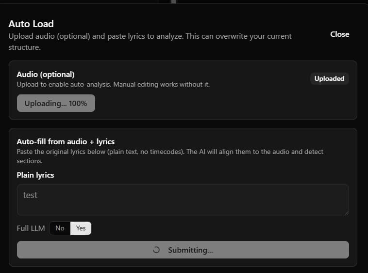 The analysis results showing detected BPM, Key, and a timeline of sections
