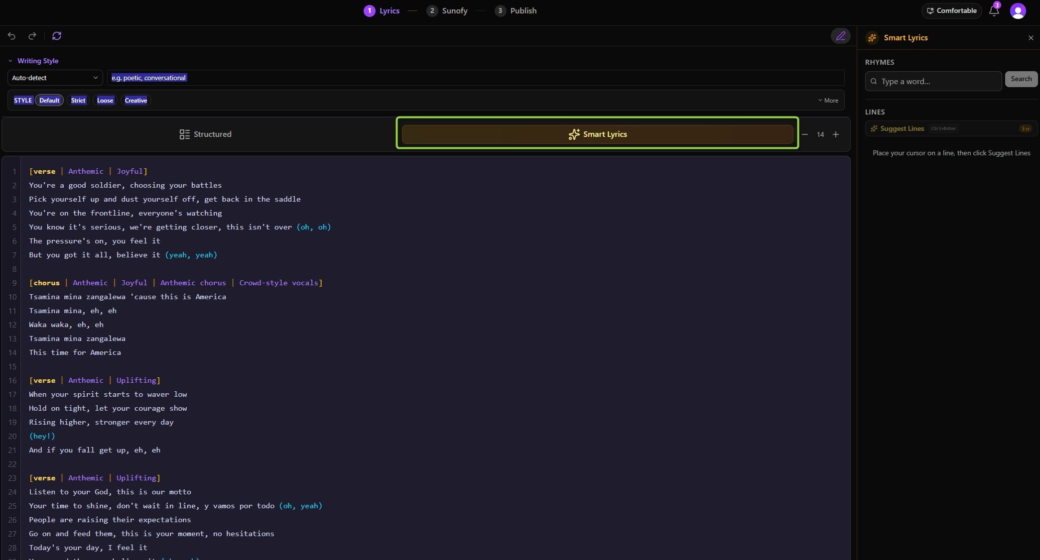 The editor mode toggle with 'Smart Lyrics' active in amber gradient