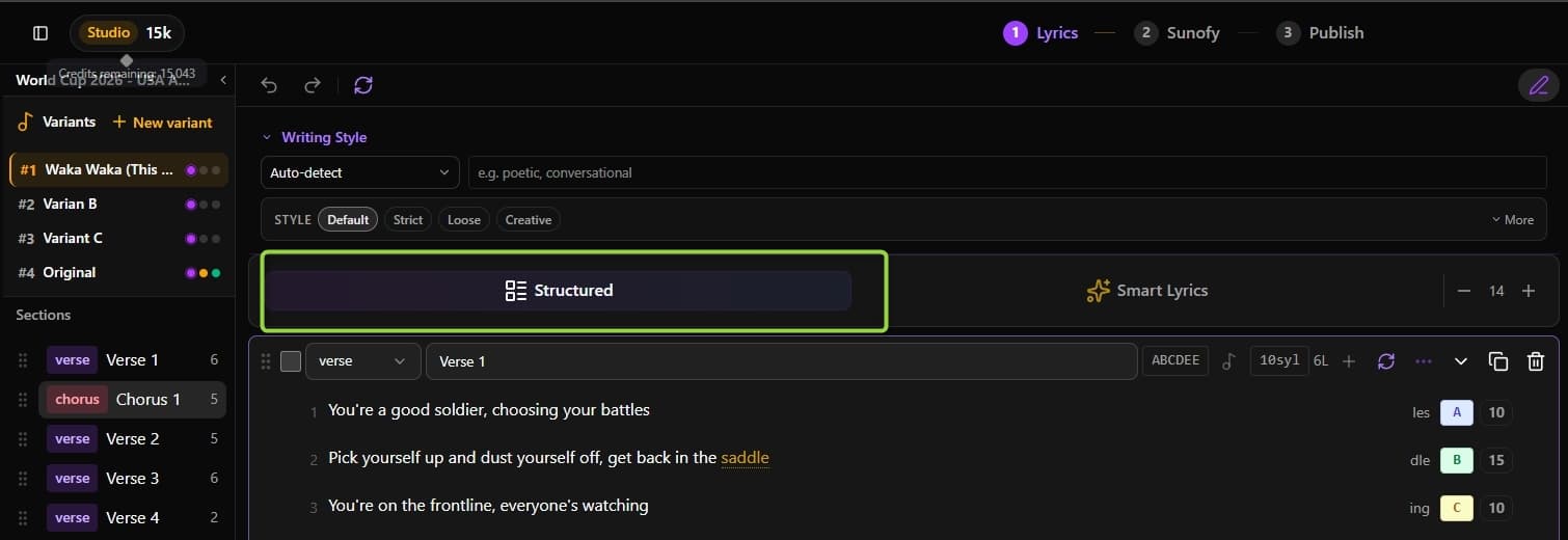 The editor mode toggle with 'Structured' active in violet gradient