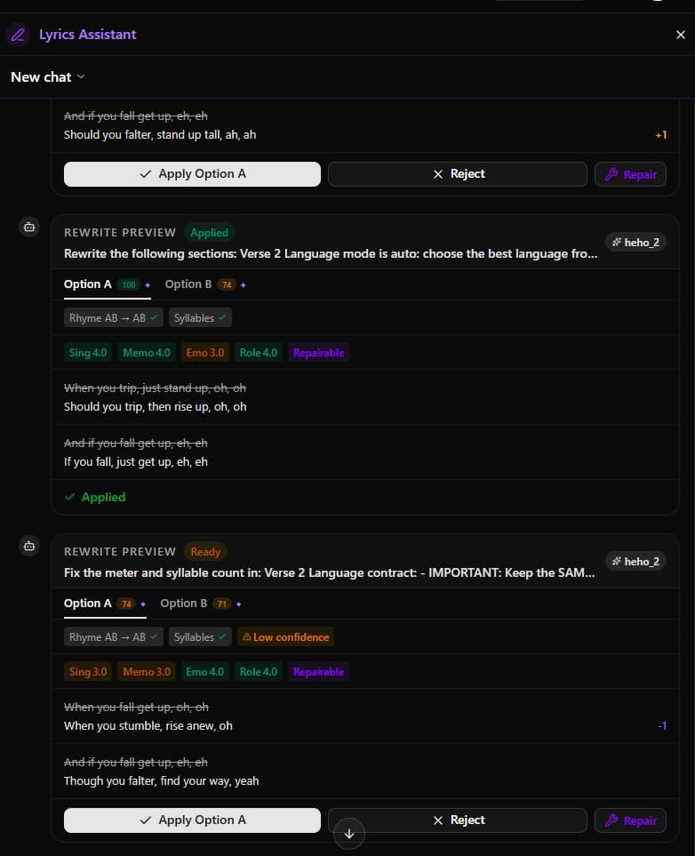 A proposal card showing a line rewrite with Apply, Undo, and Dismiss actions