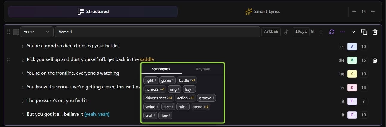 The word explorer popover with synonym chips and syllable counts