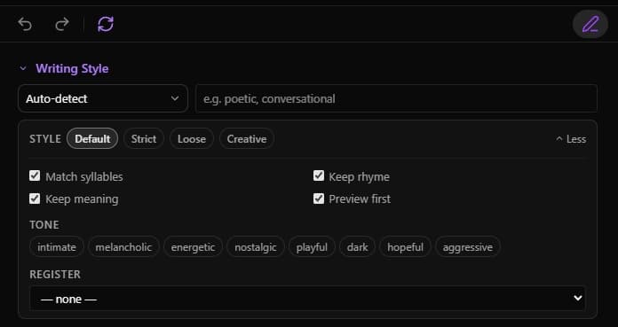 The Writing Style panel showing the Tone and Register selectors
