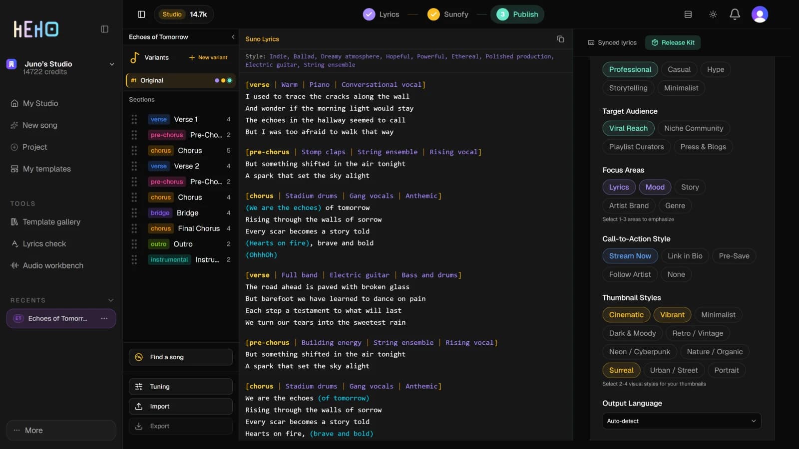 The Publish step with Release Kit selected: Suno Lyrics on the left, and the setup card on the right with Tone, Target Audience, Focus Areas, Call-to-Action Style, Thumbnail Styles and Output Language
