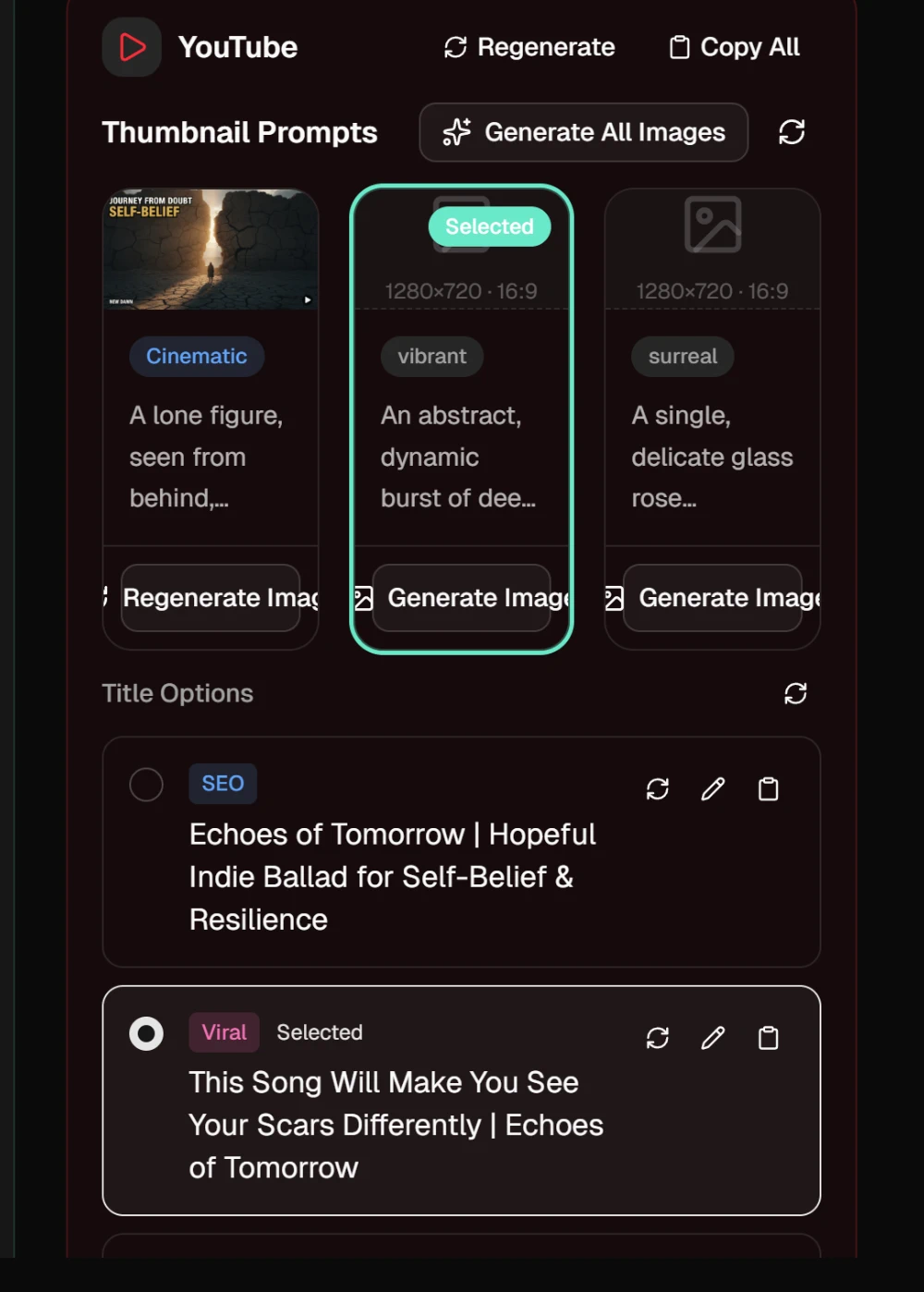 The YouTube tab of a release kit: three thumbnail prompt cards, one with its image, above the title options with their SEO, Viral and Descriptive badges