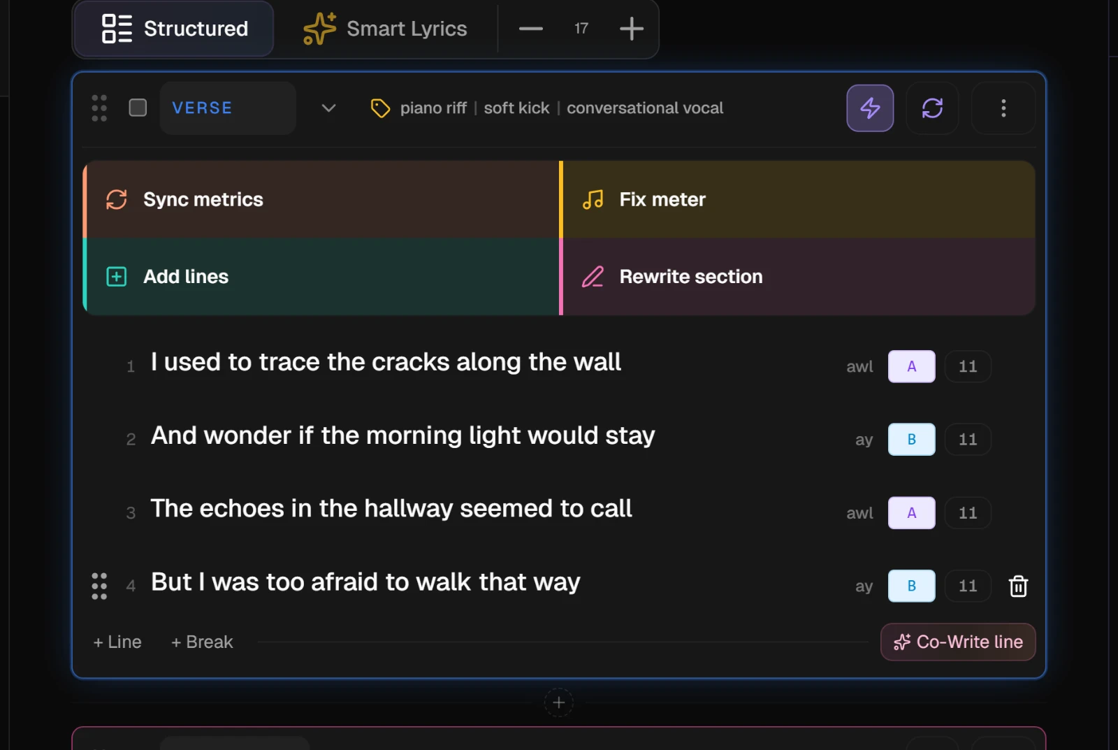 Echoes of Tomorrow open on the Lyrics tab, its first section showing Sync metrics, Fix meter, Add lines and Rewrite section