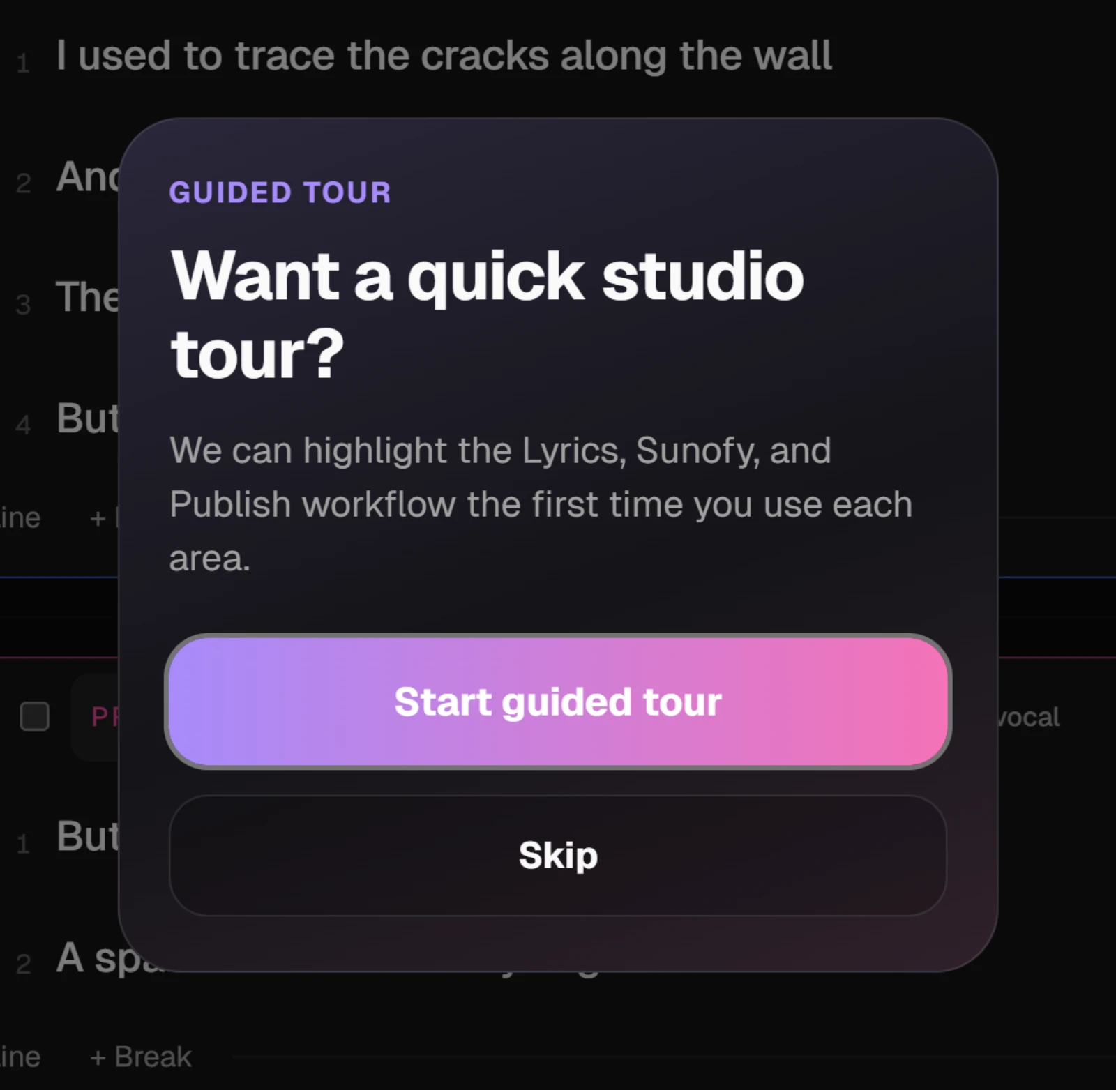 The guided tour's offer over the studio, with Start guided tour and Skip