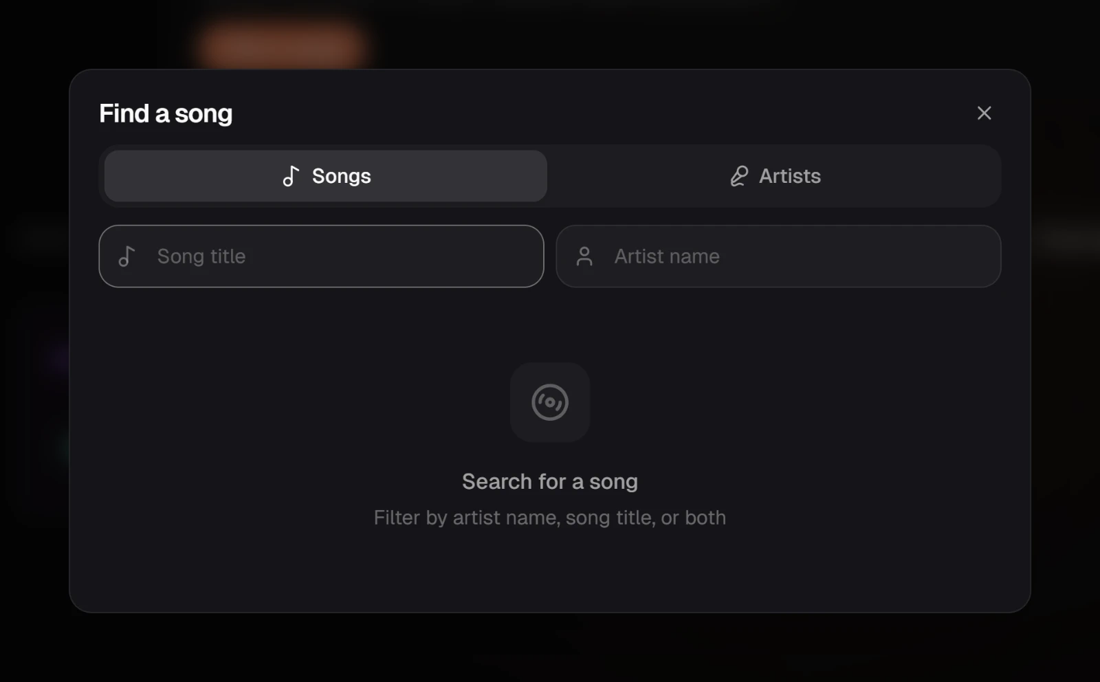 The Find a song search open over My Studio, with an empty title field and an empty artist field