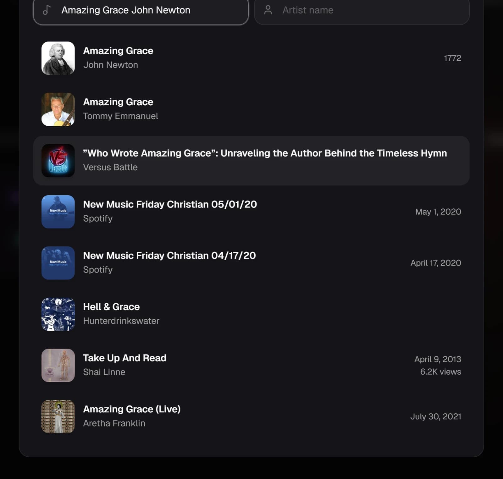 Search results for Amazing Grace, with the John Newton version at the top