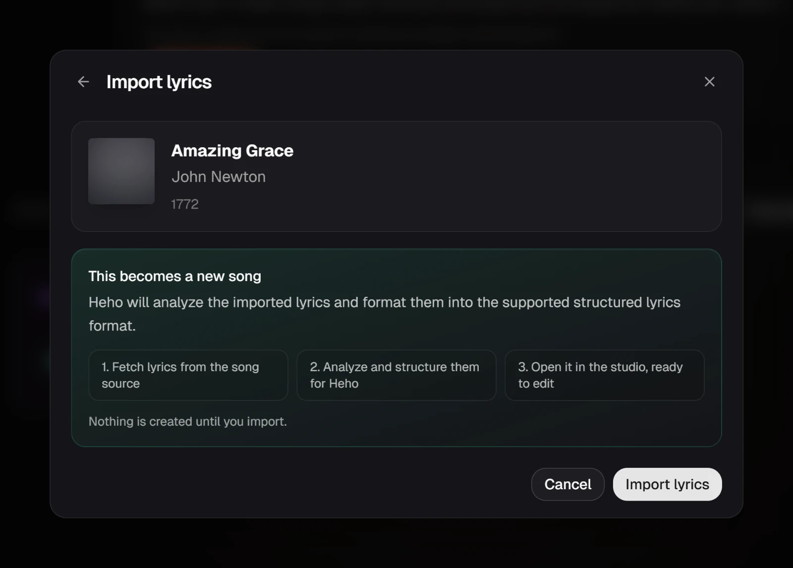 The import details for Amazing Grace, with the card reading This becomes a new song