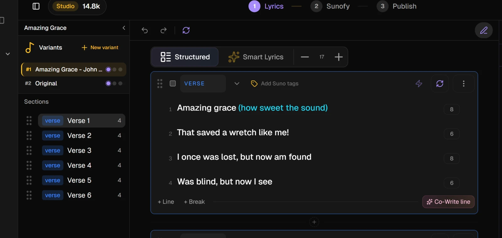 Amazing Grace open in the studio, its first verse laid out as a section with a syllable count on every line
