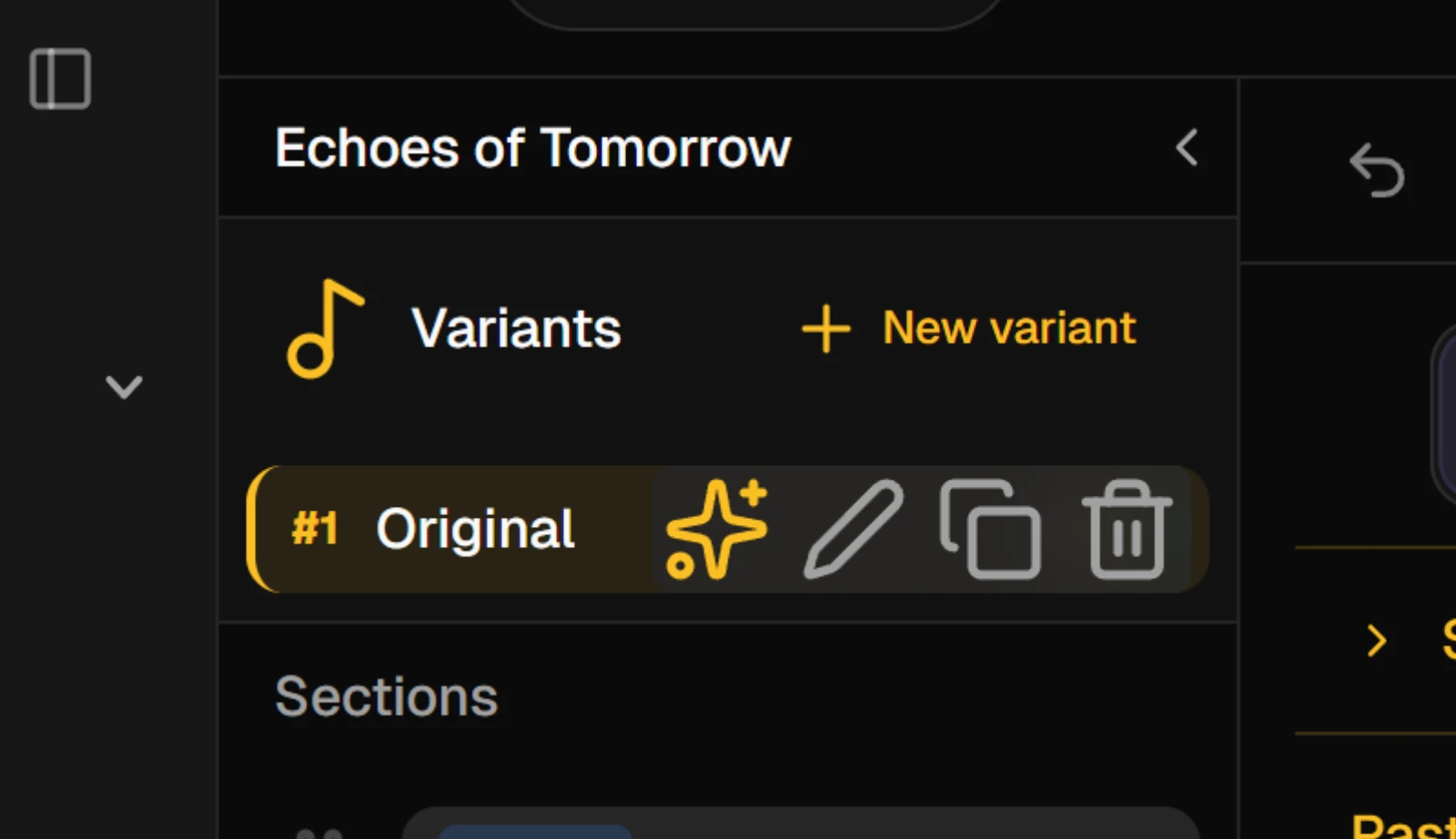 A variant row with its rename, duplicate and delete icons showing on hover