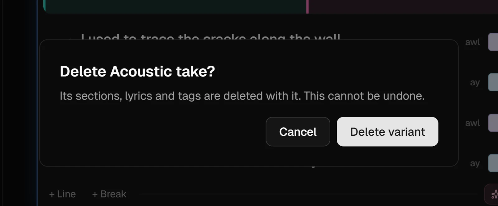 The delete confirmation, saying the variant's sections, lyrics and tags are deleted with it