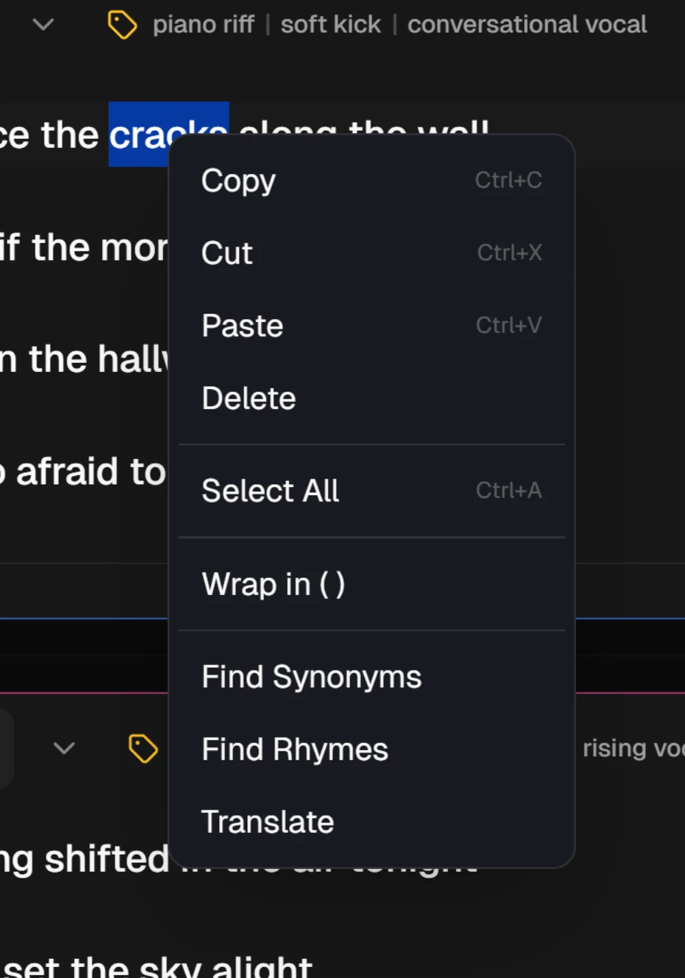 The right-click menu over a selected word in Verse 1, with Find Synonyms, Find Rhymes and Translate at the bottom
