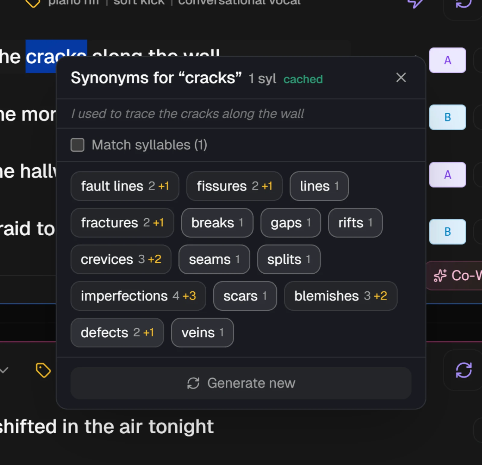 The Synonyms for panel under a word in Verse 1, with suggestion chips carrying syllable counts, the Match syllables box and Generate new