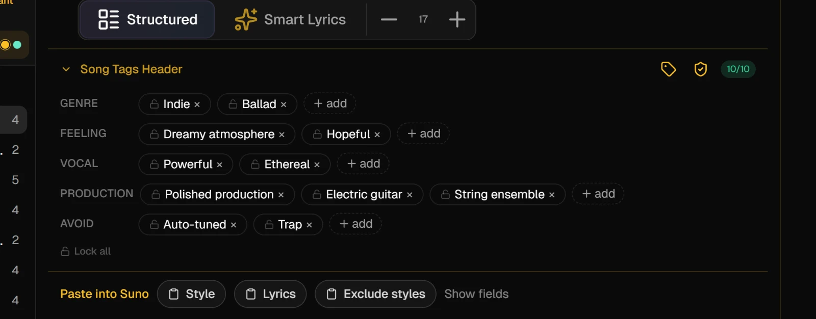 The Song Tags Header open on Echoes of Tomorrow, with genre, feeling, vocal, production and avoid rows