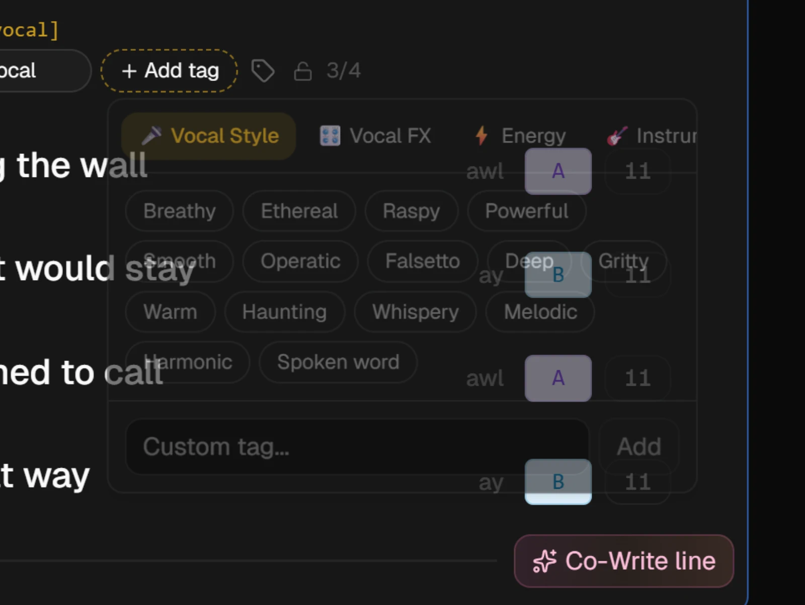 The tag catalog open over a verse on the Sunofy tab, with family tabs across the top and tag chips below