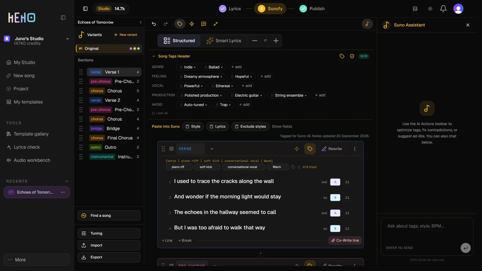 The Suno Assistant panel on the right, working through the song's tags
