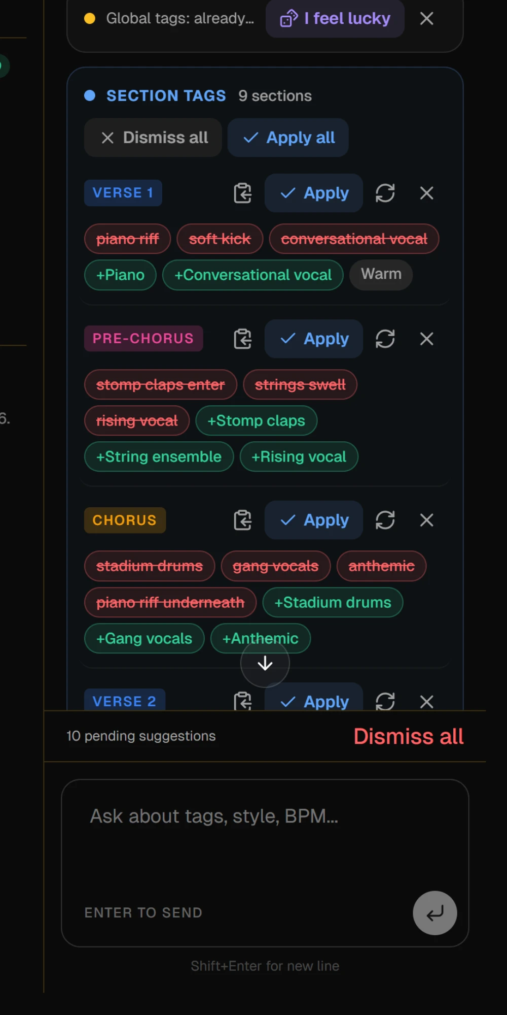 The Section tags group of a suggestion card, one row per section with its proposed tags, and Apply all at the top