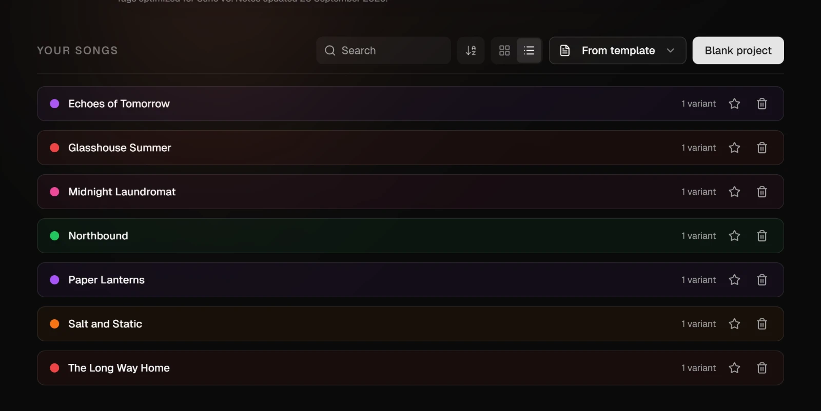 Your songs shown as a list, one row per song, with the list button pressed