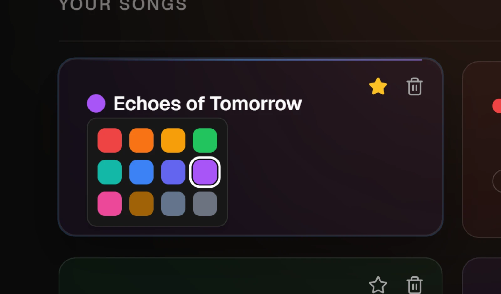 A starred song card tinted by its color, with the color palette open beside the title