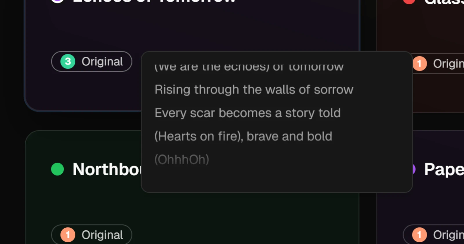 A variant chip on a song card, with the chorus lines floating in a small panel beside it