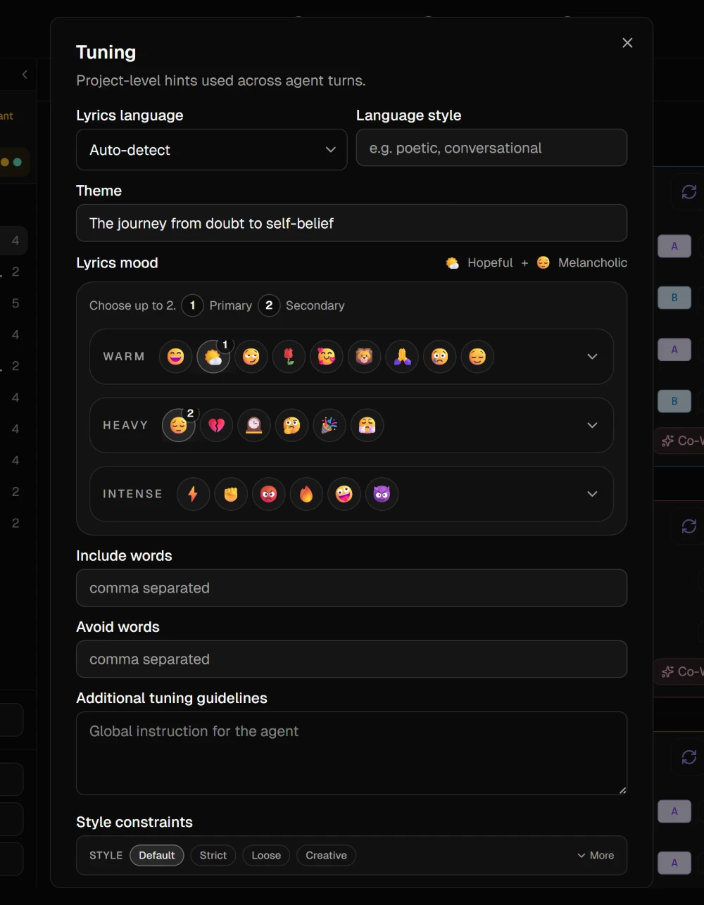 The Tuning dialog open over the studio, with language, theme, mood, word lists and guidelines