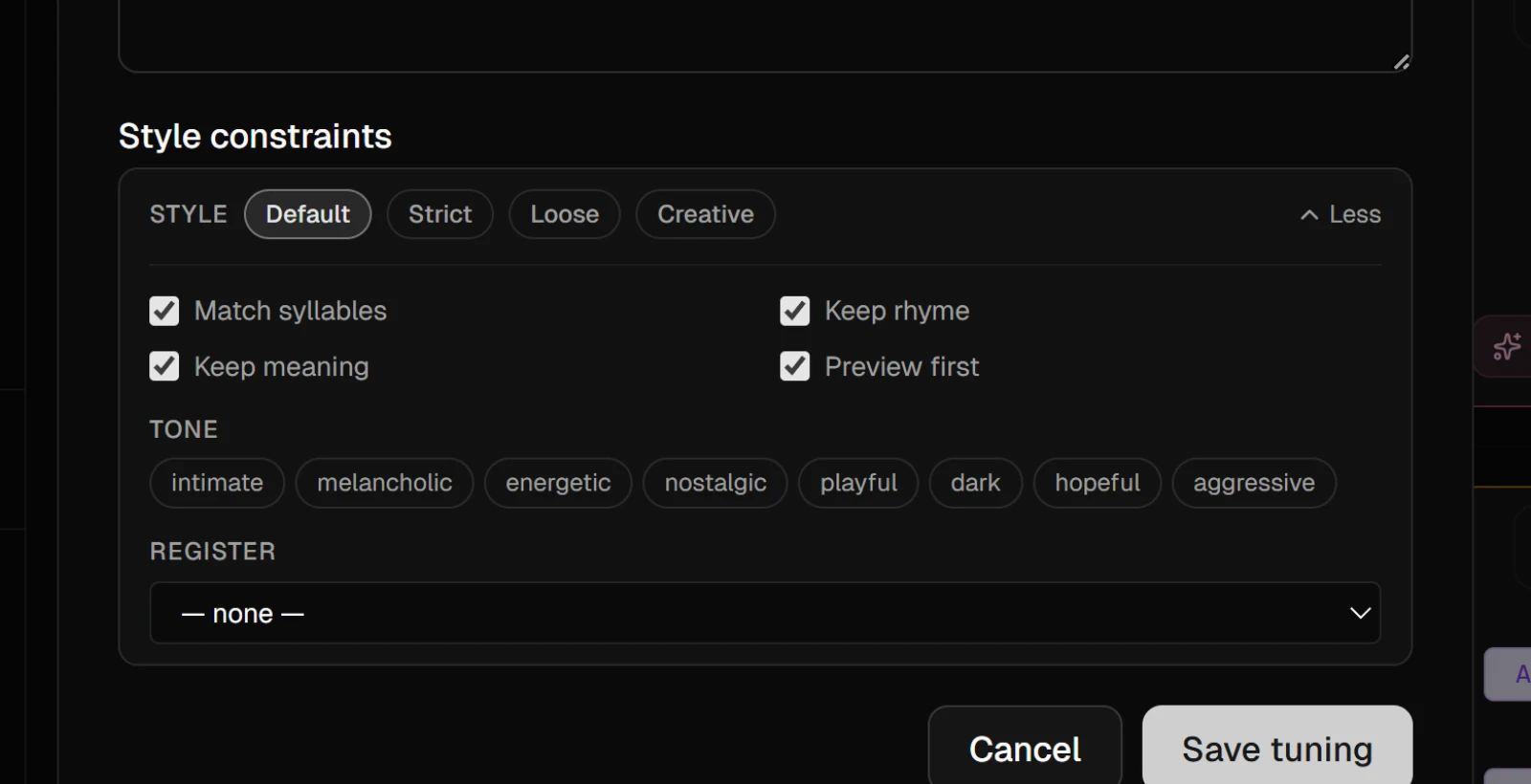The style constraints expanded: presets, the match syllables, keep rhyme and keep meaning switches, tone chips and a register menu