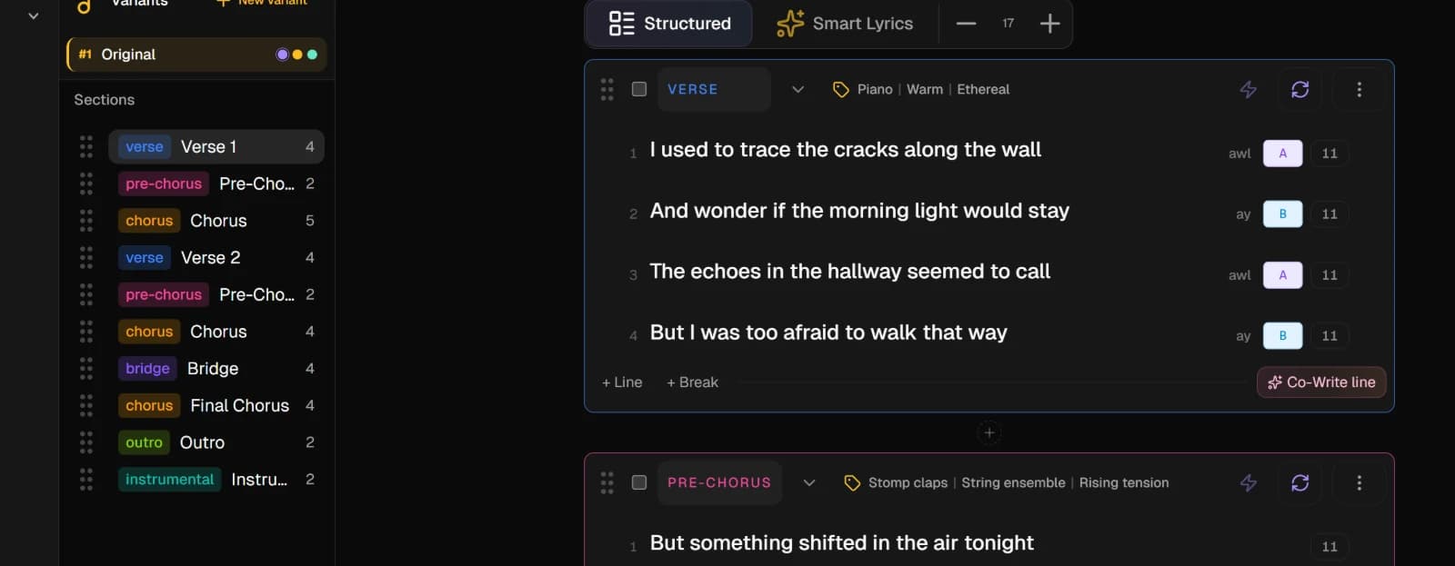 Echoes of Tomorrow in the Structured view, the section outline on the left and Verse 1 with a syllable count and a rhyme letter on each line
