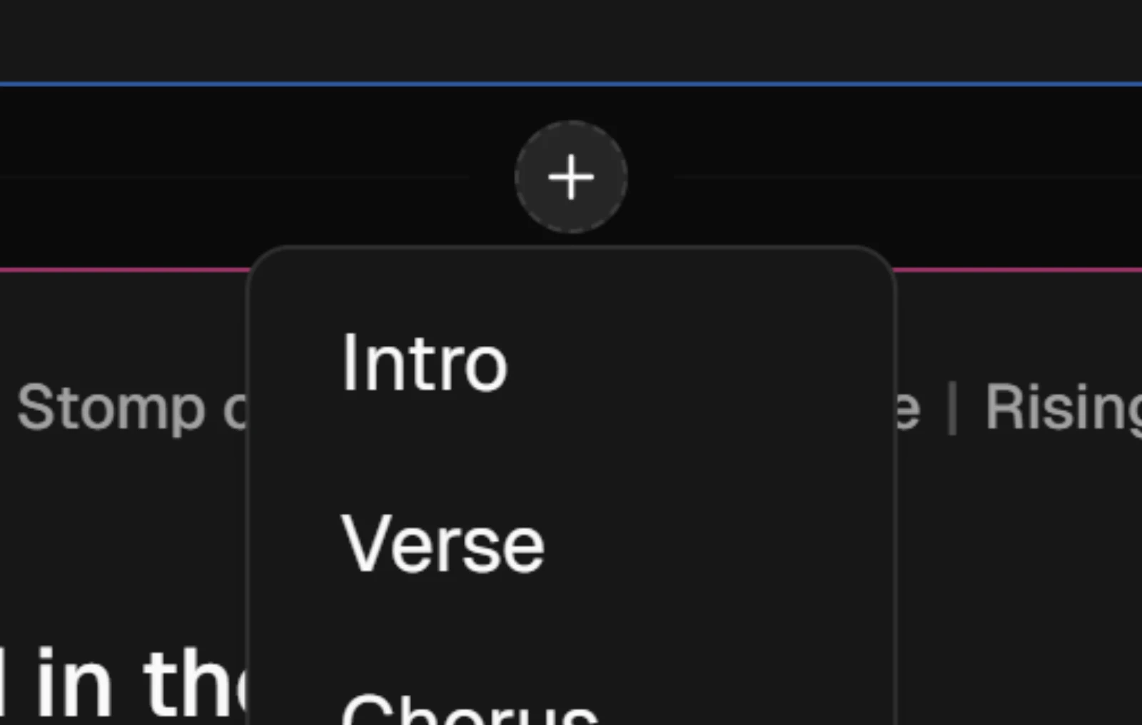 The list of section types open under the plus button below Verse 1