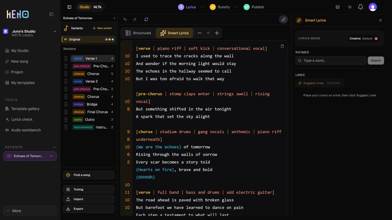 The Smart Lyrics view: the song as one page of text, a bracketed header over each section, and the Smart Lyrics panel on the right