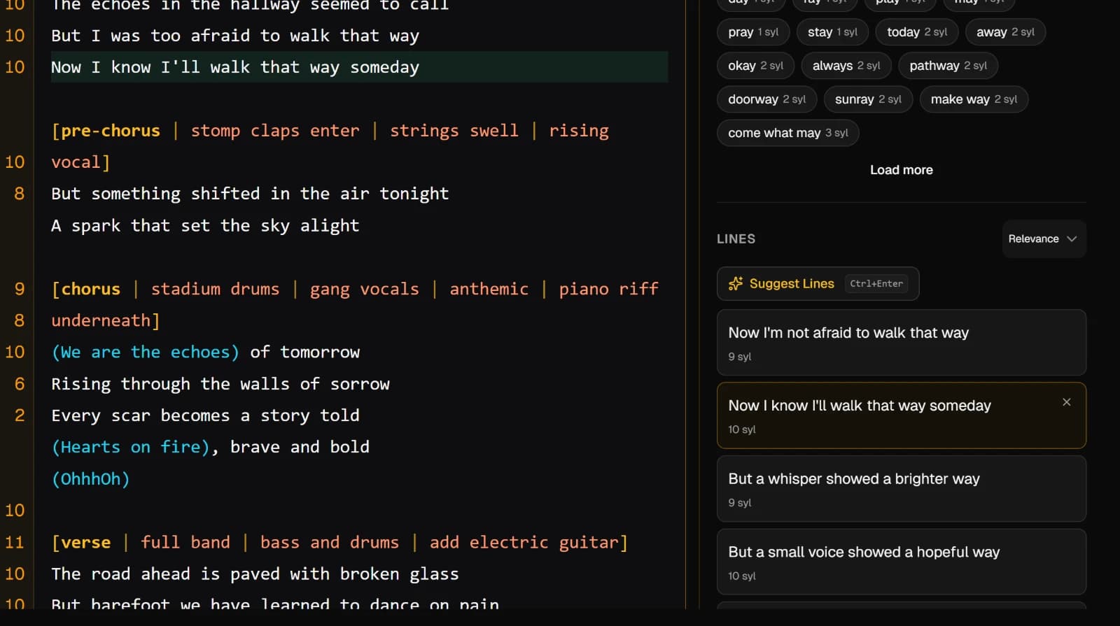 Suggested lines in the Smart Lyrics panel, one of them added under the cursor and highlighted
