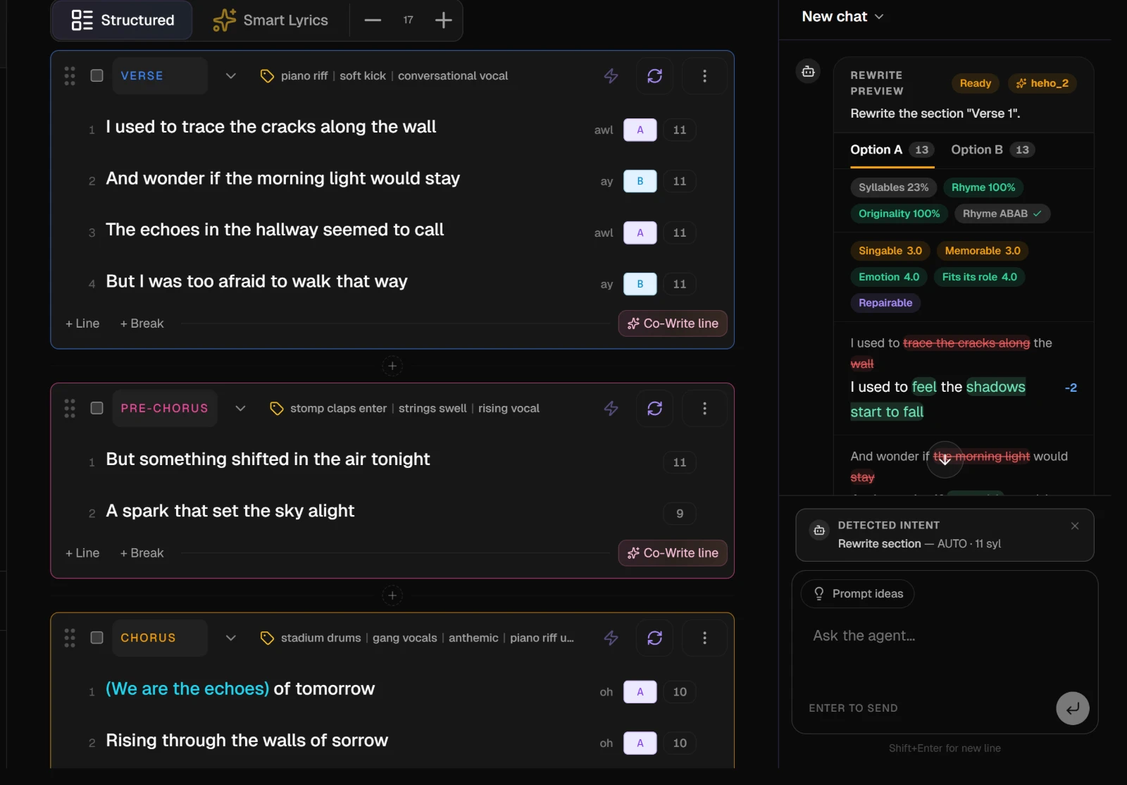 A Rewrite preview card showing Option A and Option B tabs, the scores, and the rewritten lines of Verse 1