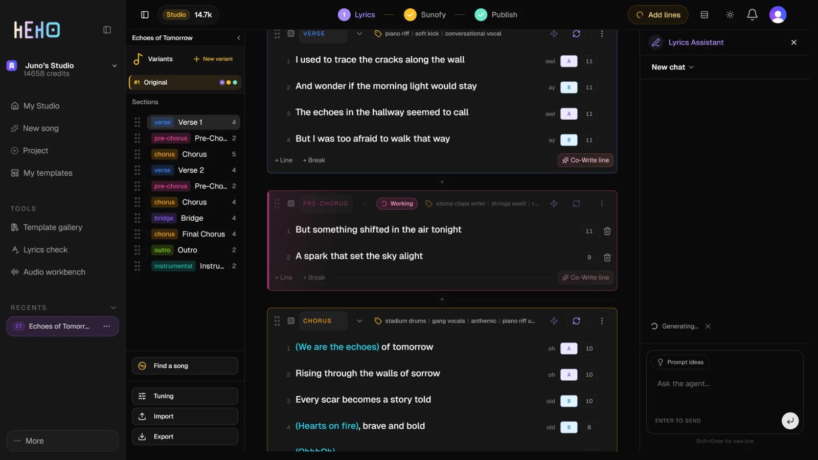 The Pre-Chorus with the Working badge in its header, and the Add lines pill in the studio header