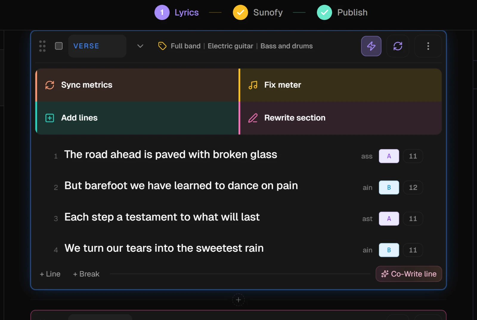 Verse 2 on the Lyrics tab, its Suno tags shown on one line in the section header
