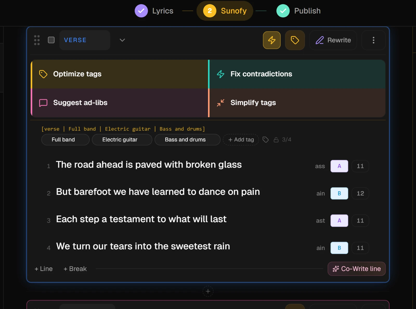 Verse 2 on the Sunofy tab with the Rewrite button in its header