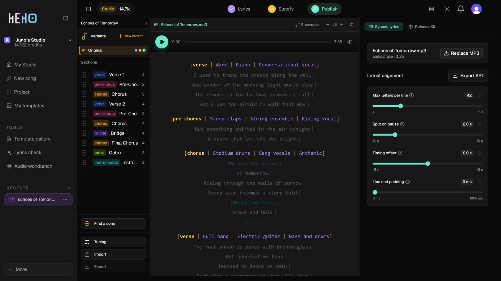 The Publish tab open on Synced lyrics: the song's MP3, the alignment settings and Export SRT, with the Synced lyrics and Release Kit switch at the top