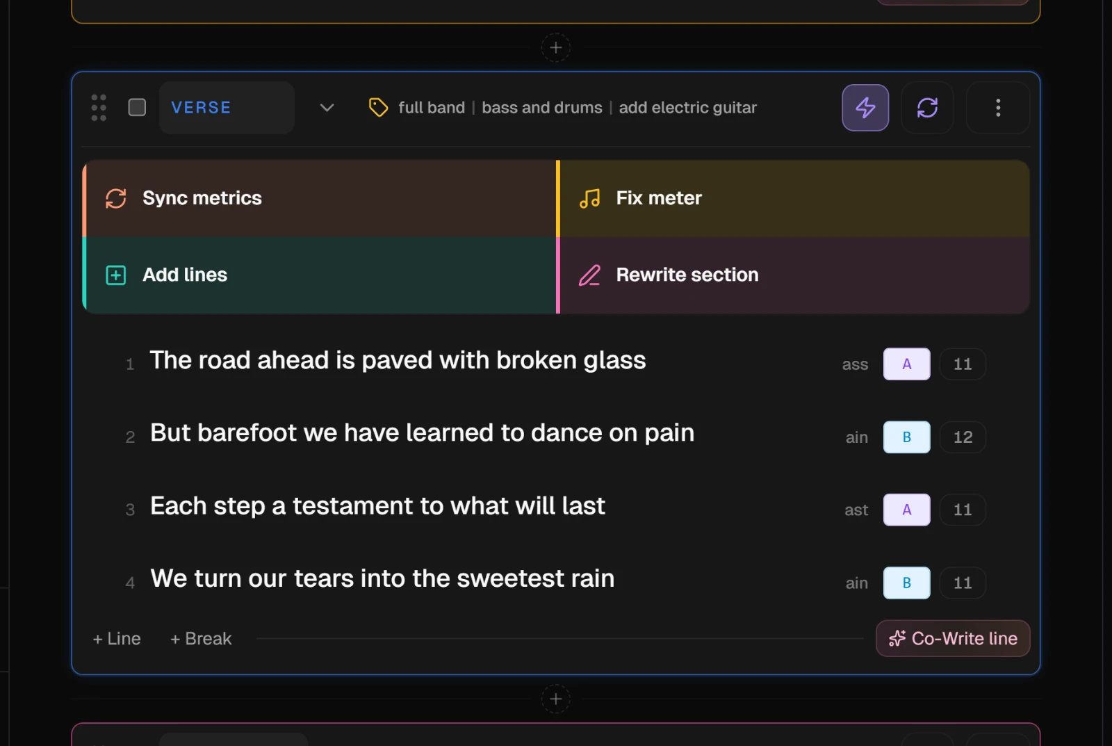 A verse with its four AI actions open: Sync metrics, Fix meter, Add lines and Rewrite section