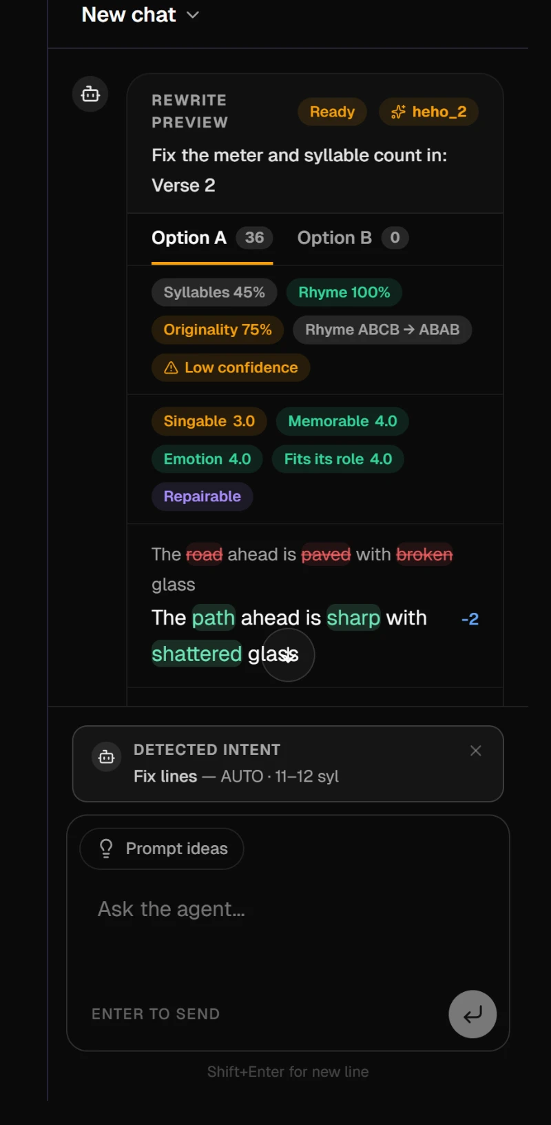 A Rewrite preview card for Verse 2 showing the evened lines and their syllable changes