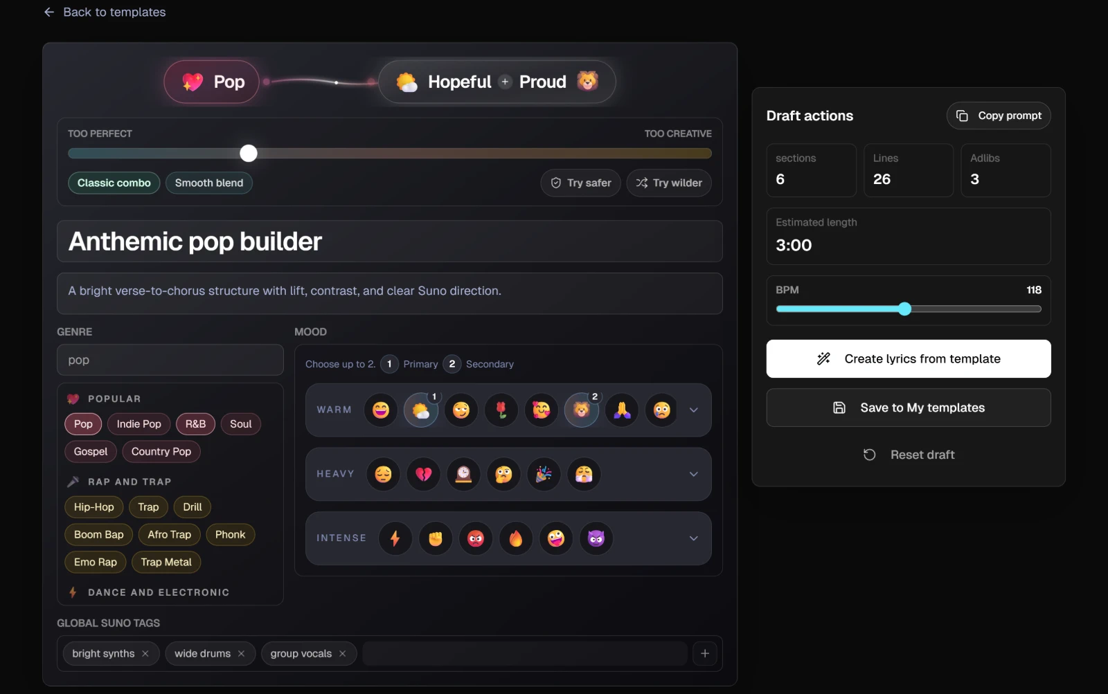 A template draft from the gallery, with the Draft actions panel on the right holding Copy prompt, the counts, Estimated length, BPM, Create lyrics from template, Save to My templates and Reset draft