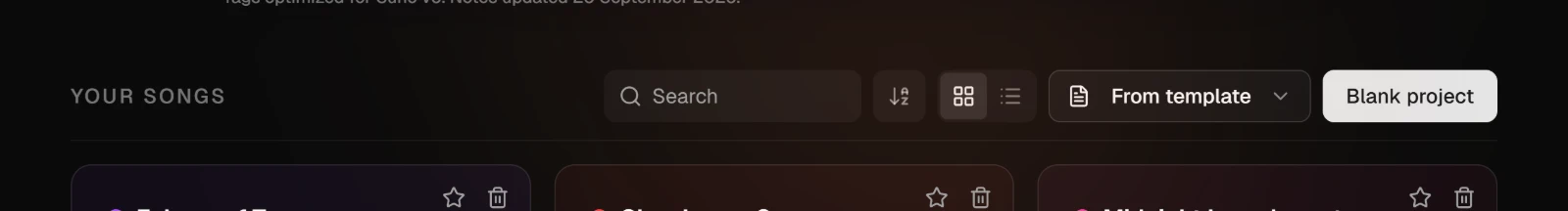 The Your songs strip in My Studio, with search, sort and view controls, From template and Blank project at its right end